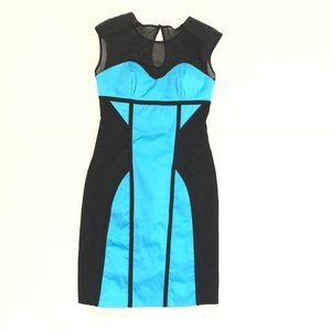 NEW BEBE Classic Black & Turquoise Blue Color block Silky Satin Stylish DRESS S